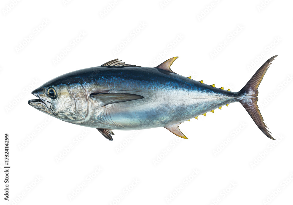 Fototapeta premium Yellowfin tuna isolated PNG, a large saltwater fish with vibrant yellow fins on transparent background, seafood delicacy for culinary projects