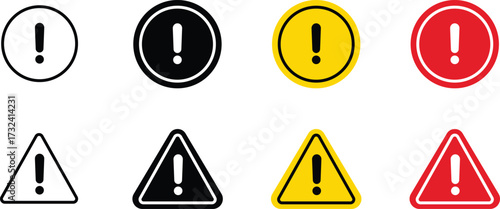 Set of attention icon symbol, Danger Caution or Alert Risk Warning illustration. Collection of scalable cautionary symbols in black, yellow, and red.