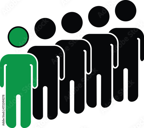 Leader highlighted in line of people icon showing authority, guidance, teamwork and crowd leadership concept with transparent background