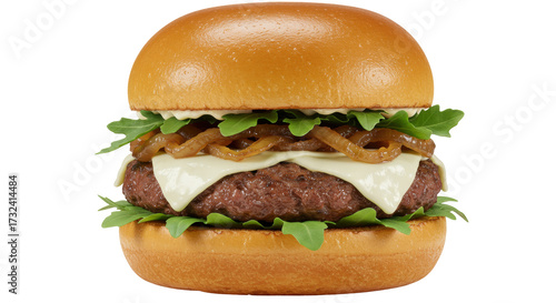 Tableau sur toile Gourmet burger with caramelized onions and cheese isolated on transparent backgr