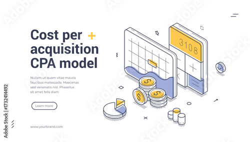 Cost per acquisition CPA model financial planning analyzing isometric web banner design template line vector illustration. Finance accounting calculating commercial efficient management purchase