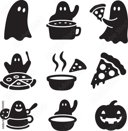 Eerie Halloween Feast Vector Set: Black White Pumpkin Pie Bat, food and pizza Cookie Clipart.