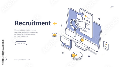 Recruitment employee online search HR isometric web banner design template line vector illustration. Headhunting vacancy recruiting candidate resume computer analyzing human resources management