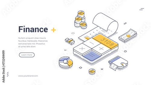 Finance banking accounting calculating isometric web banner design template line vector illustration. Financial money accountant commercial business planning budget balance analyzing control