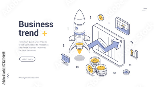 Business trend productivity efficiency analyzing isometric web banner design template line vector illustration. Commercial startup profit success marketing management strategy development analytics