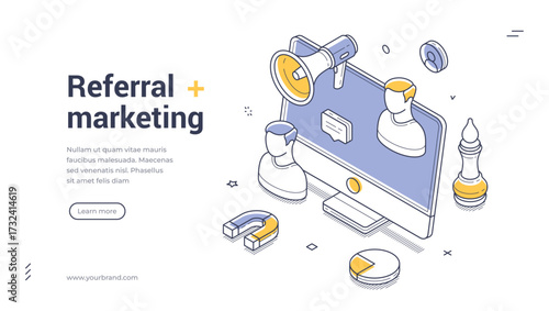 Referral marketing internet promotion method isometric web banner design template line vector illustration. Social media network advertisement loyalty team friend client recommend commercial strategy