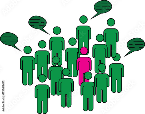 Public speaking icon showing leader addressing crowd with speech bubbles, communication, meeting and presentation with transparent background