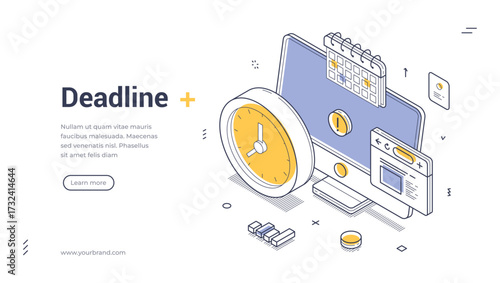 Deadline countdown time management workflow isometric web banner design template line vector illustration. Work organization process planning productivity efficiency control clock with computer