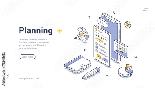 Business planning time management work organization isometric web banner design template line vector illustration. Workflow process organizing to do list control task optimization mobile app