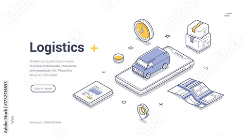 Logistic distribution service cargo shipping isometric web banner design template line vector illustration. Commercial transportation online shopping order delivery moving post freight GPS mobile app