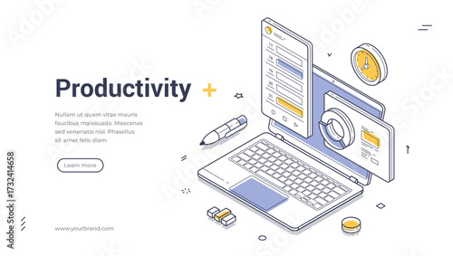 Productivity work process optimization isometric web banner design template vector illustration. Efficiency business computer workflow time management organization strategy development