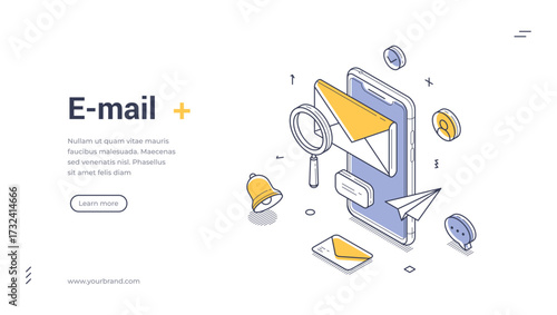 Email mail internet new message chat mobile app isometric web banner design template line vector illustration. Newsletter online correspondence letter cyberspace text communication notification