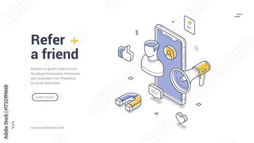 Refer a friend recommend marketing strategy isometric web banner design template line vector illustration. Affiliate partnership cyberspace commercial promotion share bonus loyalty communication