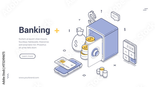 Banking money savings safe mobile app isometric web banner design template line vector illustration. Financial currency secure investment cash cashless shopping payment commercial transaction