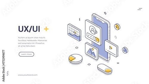 UX UI design mobile phone user interface development isometric web banner template line vector illustration. Smartphone programming technology software cyberspace infographic idea content menu create