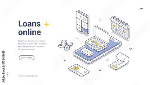 Online loans financial banking money credit isometric web banner design template line vector illustration. Internet finance later payment service mortgage purchase cash deposit digital technology