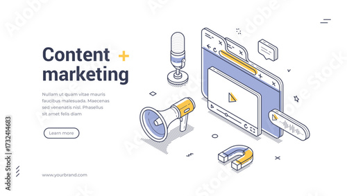 Content marketing internet promo campaign isometric web banner design template line vector illustration. Information news advertising communication creative sharing online announcement strategy