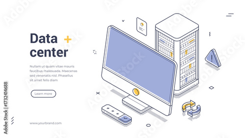 Data center cloud computing hardware server isometric web banner design template line vector illustration. Archive media content binary analyzing database file exchange software backup technology