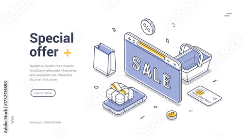 Online shopping sale special offer discount isometric web banner design template line vector illustration. Internet store shop market supermarket marketplace cost reduction price off commercial retail