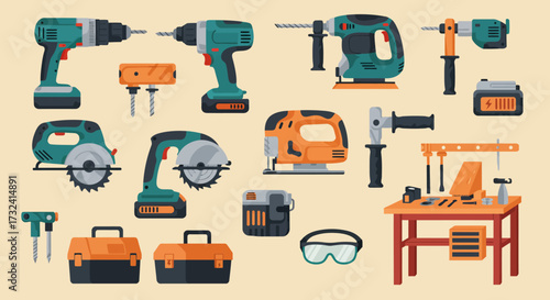 Assortment of power tools accessories and a workbench against a pale background