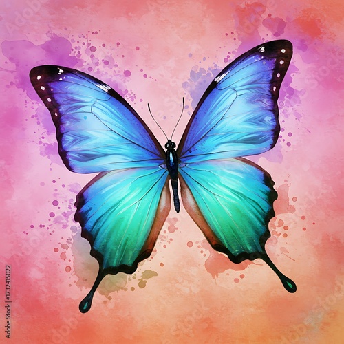 Vibrant Blue and Teal Butterfly with Watercolor Splatter Background