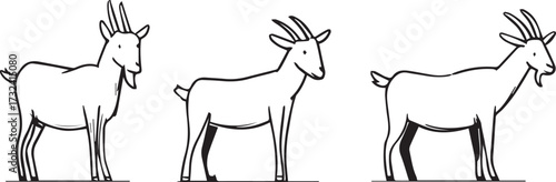 a simple vector line drawing of goat icons in different poses, minimalist style, white background, simple lines, vector graphics, black