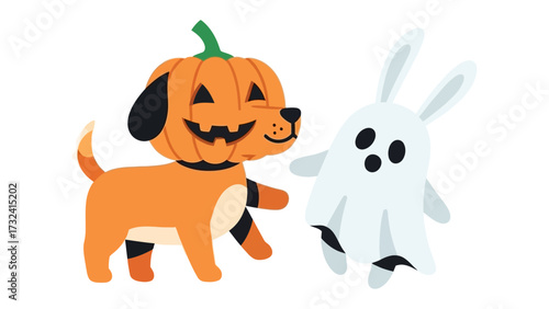 Halloween Dog and Ghost: A cheerful Halloween-themed illustration featuring a playful dog wearing a pumpkin and an adorable ghost, perfect for conveying spooky vibes.