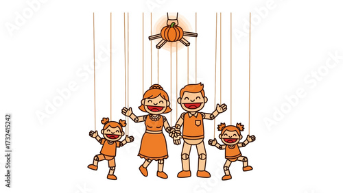 Family of Marionettes: A joyful depiction of a family rendered as marionettes, their strings controlled by a whimsical, puppet-like mechanism above them, creating a unique artistic vision.