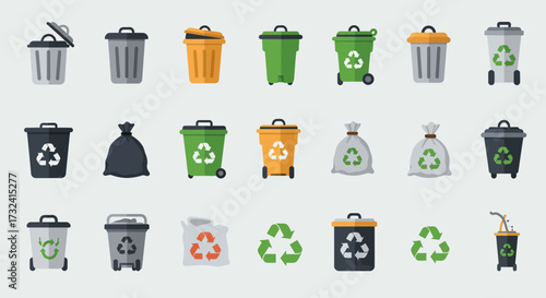 Collection of flatdesign recycling bins trash cans and bags