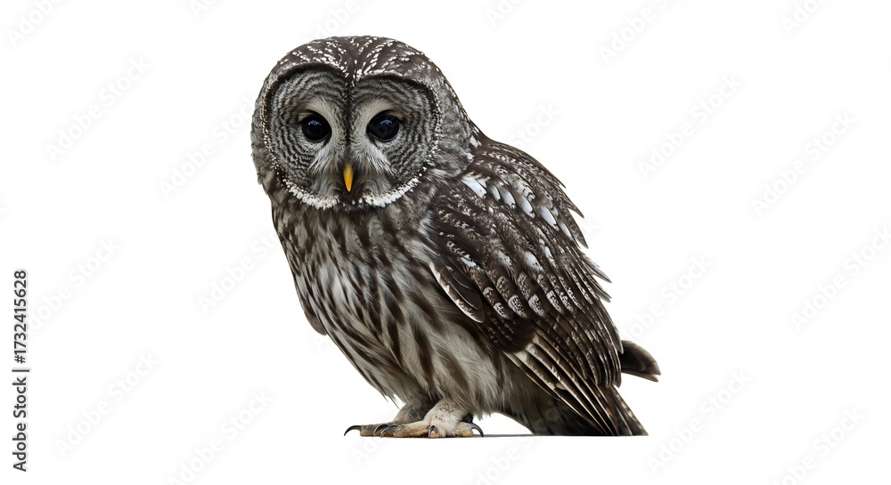 Obraz premium Imponente búho gris de ojos grandes posa elegantemente mostrando su misteriosa belleza nocturna aislado en un fondo blanco puro.