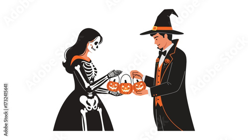 Spooky Halloween Exchange: A person dressed as a skeleton and another as a magician exchange candy baskets shaped like pumpkins, evoking the festive spirit of Halloween.