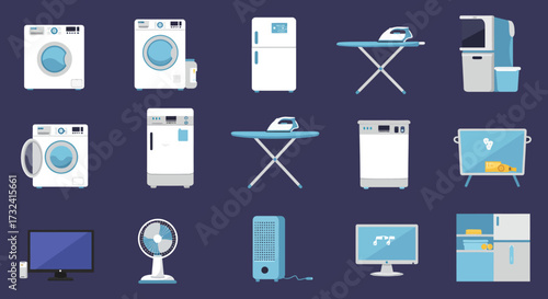 Collection of white and blue household electronic appliances against a dark background