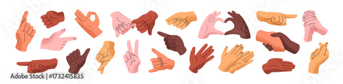 Hand gestures set. Handshake, thumbs up and approval signs of peace, OK. Greeting and pointing fingers. Body language, nonverbal communication. Flat isolated vector illustrations on white background.