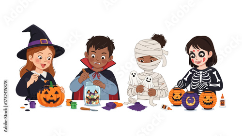 Halloween Fun: Youngsters get together for the ultimate Halloween celebration, the most popular kids' party for October. Kids create Halloween crafts and make decorations in various costumes. 
