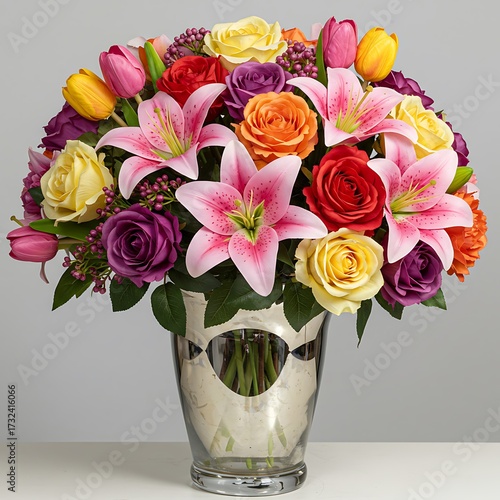Vibrant Bouquet of Assorted Flowers in a Silver Vase
