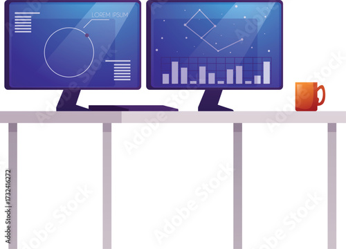 Laboratory computer monitors on the table, vector scientific desktop with display chart on screen, workplace with cup