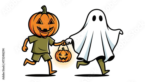Halloween Companion: Spooky illustration features a friendly ghost and a pumpkin-headed figure, walking hand-in-hand, embodying the spirit of Halloween joy and camaraderie.