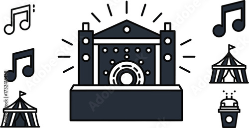 Vector art of concert stage with musical notes, tents, and a drink, symbolizing a music festival or outdoor event