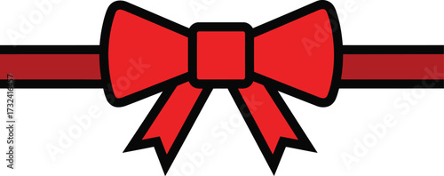 Red ribbon bow with horizontal band, festive gift wrap decoration, vibrant crimson satin ribbon vector illustration for holiday packaging