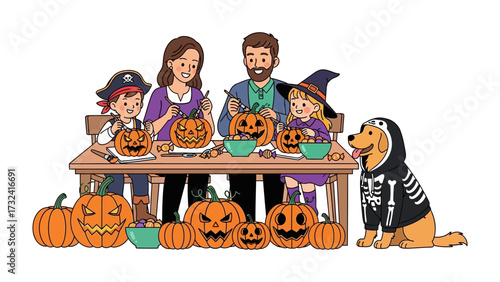 Halloween Family Pumpkin Carving: A family gathers around a table, joyfully carving pumpkins for Halloween. In this cozy scene, laughter and the spirit of the holiday come alive.