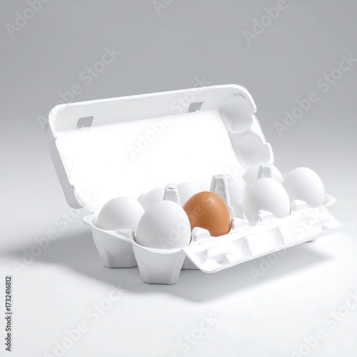 Single brown egg in carton of white eggs