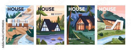 Set of poster designs with houses. Residential buildings are on meadow, forest, river, mountain landscapes. Modern architecture. Facades of chalets, cottages, barnhouses. Flat vector illustrations.
