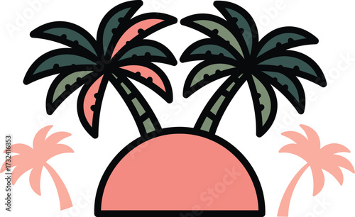 Vector art of stylized illustration of two palm trees on a small island, , with two additional palm trees in the background, evoking a tropical vacation vibe