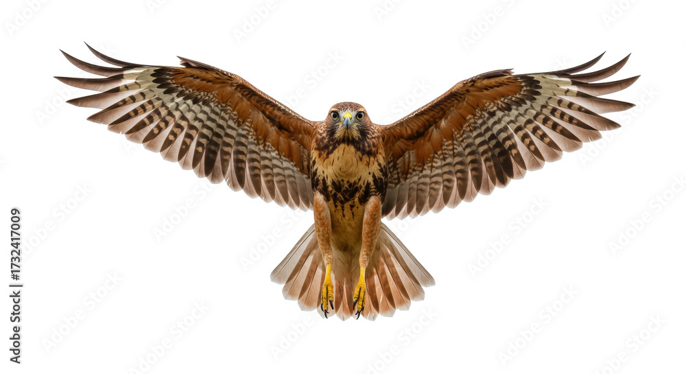 Obraz premium Majestic hawk with open wings isolated PNG, bird of prey with brown and white feathers on transparent background