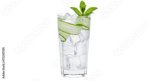 Refreshing cucumber gin and tonic cocktail isolated, garnished with mint leaves and ice cubes for a cool and invigorating drink