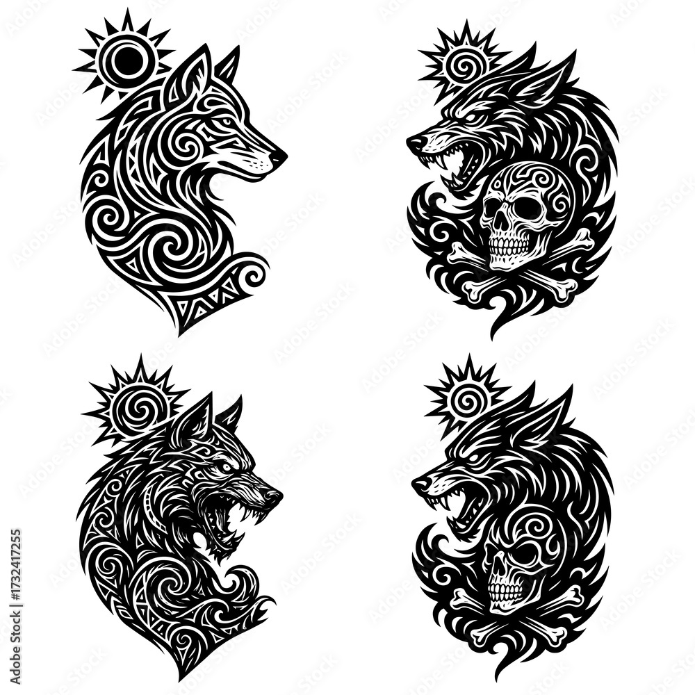 Obraz premium Tribal Wolf Head Tattoo Set with Skull and Sun Symbols – Black and White Vector Illustration