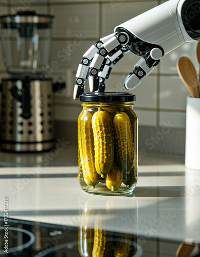 Robotic hand picking up a jar of pickled cucumbers in a modern kitchen