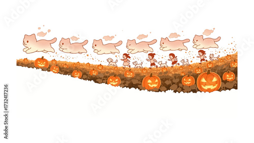 Enchanting Autumn Festival: A captivating illustration depicts a series of children cheerfully running alongside their beloved companion animals through a field of vibrant pumpkins.