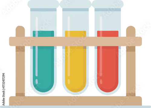 Vector art of three colorful test tubes in a wooden rack