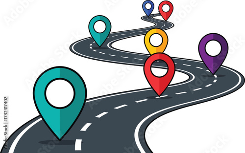 Vector art of a winding road with colorful location pins marking the route